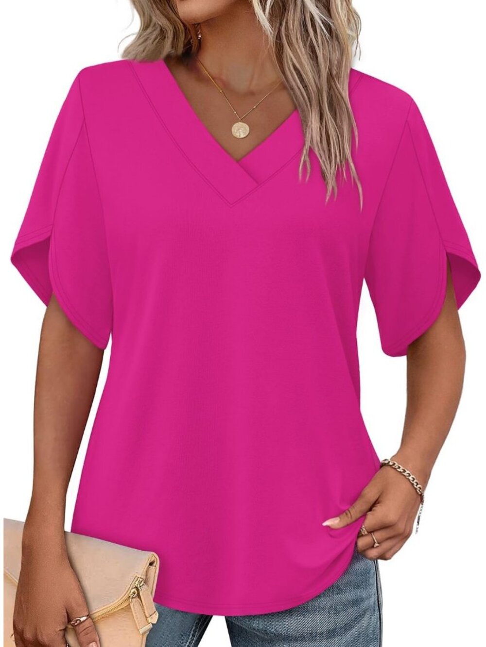 Women Hot Pink Elegant V Neck Short Petal Sleeve Shirt Summer Fashion Flair Tops